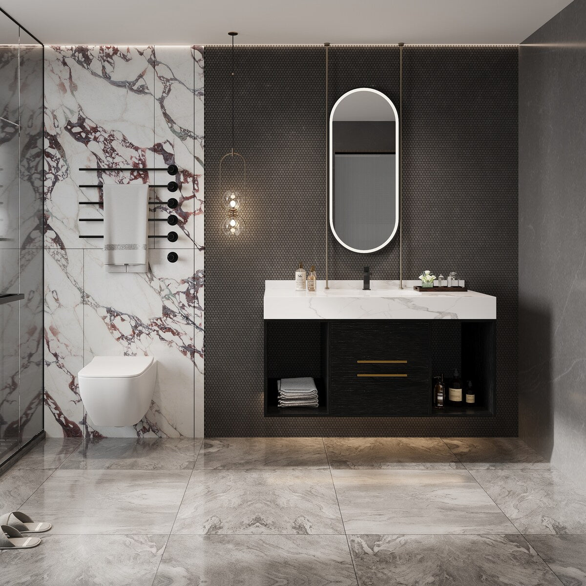 39.4 '' Floating Bathroom Vanity with Ceramic sink,Wall Hung Vanity 2 Soft Close Drawer and white slate top - 39'4 x 18'9